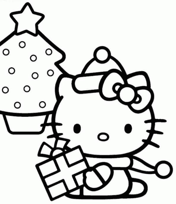 Dibujos para colorear Hello Kitty con su arbol de Navidad