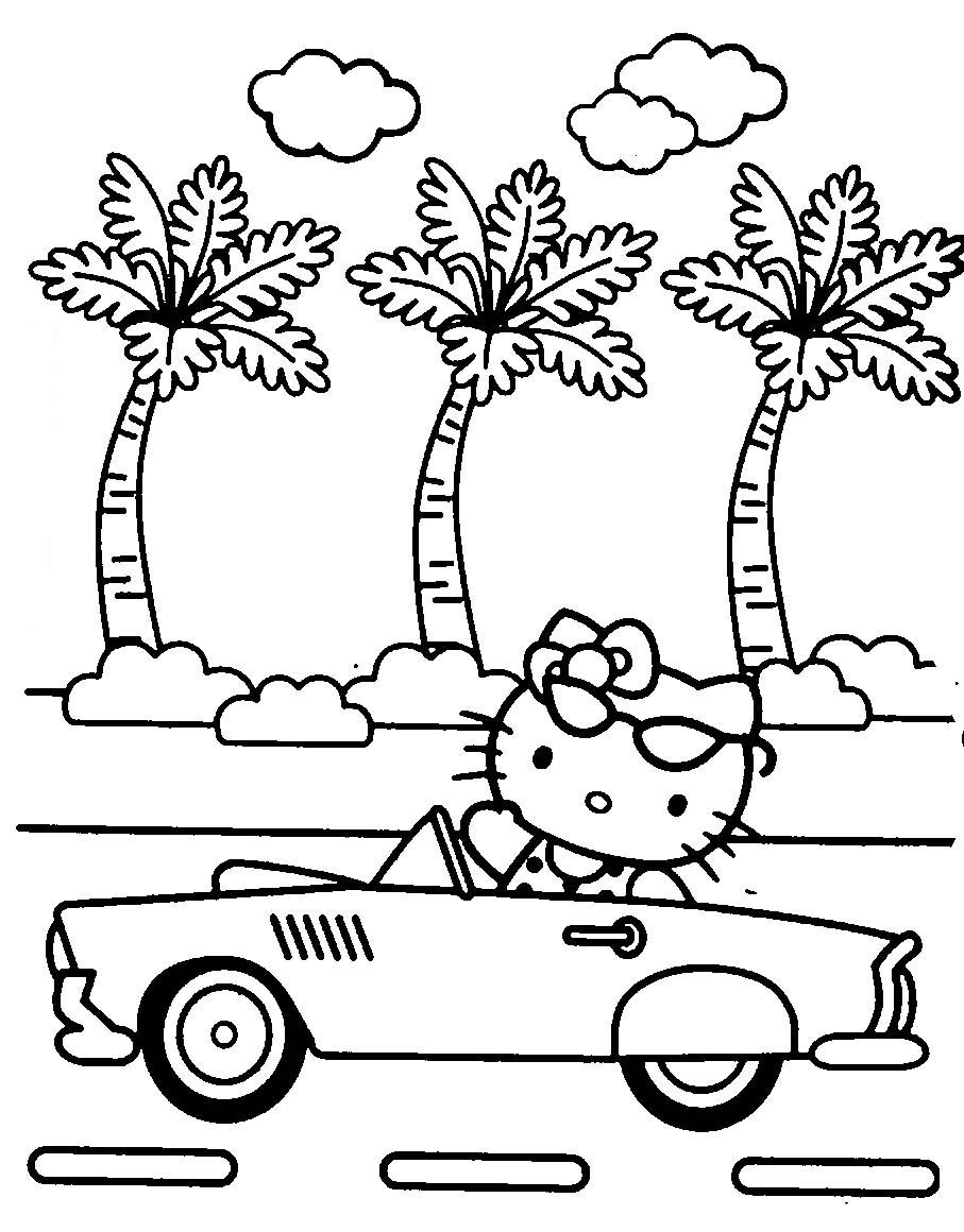 Dibujos para colorear Hello Kitty en su auto