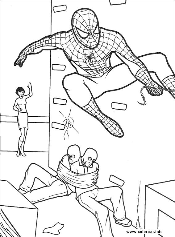 Dibujos para colorear a Spiderman impidiendo un asalto